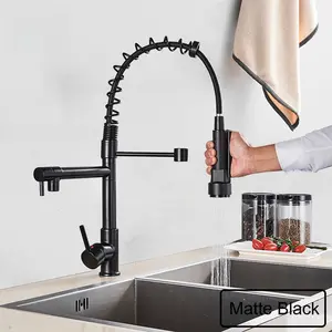 Black Pull Down Brass Kitchen Sink Faucet Hot Cold Water Mixer Crane Tap with Dual Spout 360 Rotation High Faucet Deck Mounted Matte Black