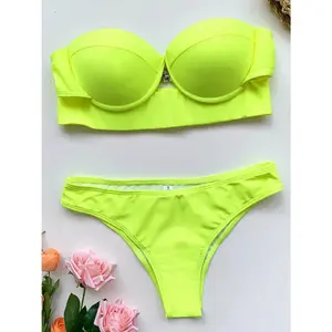 Neon Green Push Up Bra Cup Bikini Women Bandeau Swimsuit Female Swimwear Two Pieces Bikini Set Brazilian Bathing Suit Swim Lady