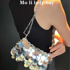 2026 New Silver Shiny Bag Handmade Beaded Sequin Bag Mobile Phone Bag with Long Shoulder Strap Single Shoulder Crossbody Bag for Women