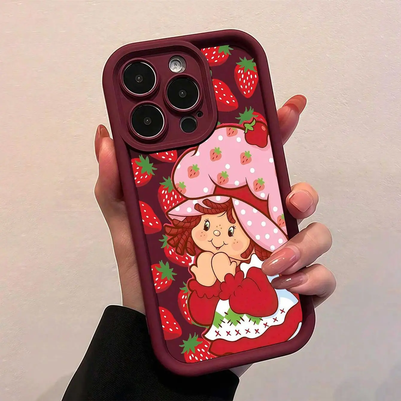 Retro Cute Pink Strawberry Shortcake Pattern TPU Phone Case Casing for iPhone 13 14 15 16 17 Pro Max, Durable Full Coverage Drop Proof Shockproof Protector, Phone Accessories, Teen Girl Birthday Gifts