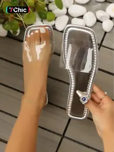 Women's European and American style transparent strap square-toed flat sandals, soft-soled non-slip one-strap sandals, versatile for summer parties/beach vacations