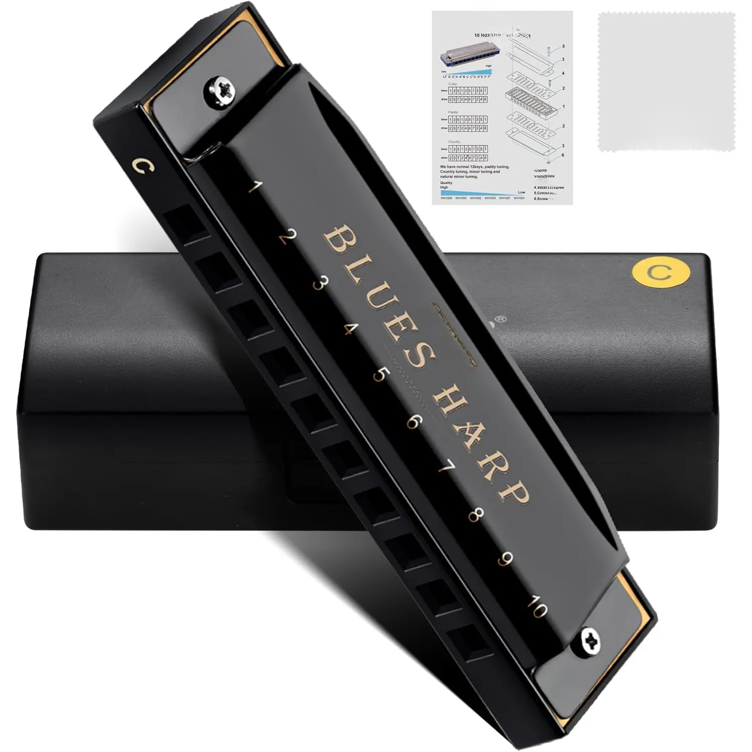 Blues Harmonica for Beginners & , 10 Hole C Key Diatonic Blues Harp with Stainless Steel Cover & Phosphor Bronze Reeds, Professional Grade for Adults, Students, Gifts (Black C)