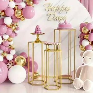 3Pcs Set Cylinder Stand Hexagon Golden Pedestal Stand for Party , Metal Plant Stand Tall Cake Cylinder Pedestal Stand for Wedding Flower Vase Living Room Patio Decoration Local Warehouse, Halloween, Kitchen Accessories, Best for Christmas