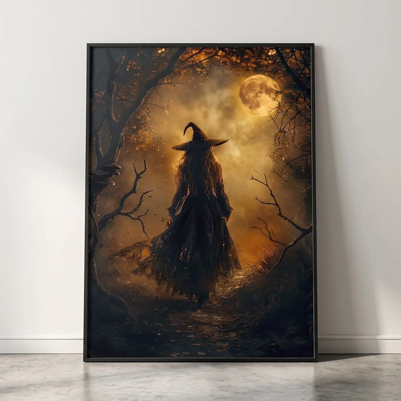 Halloween Witch Forest Poster - Magical Moonlit Dark Fantasy Wall Art Print for Bedroom  Unframed Mystic Enchanted Woods Decor, Spooky Celestial Home Decoration Ornaments
