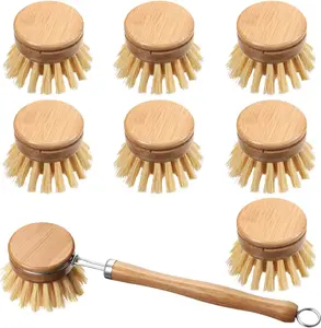 8 Pieces Wooden Kitchen Dish Brush Including Bamboo Scrub Cleaning Brush and Replacement Heads, Dish Scrubber for Kitchen Cleaning Supplies