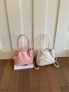 Sweet girl style bow handbag mini detachable shoulder strap bucket bag soft silhouette with a gentle and casual atmosphere, bow details+basket shape, perfect for matching dresses, shirts, and casual wear, Instagram blogger's versatile style