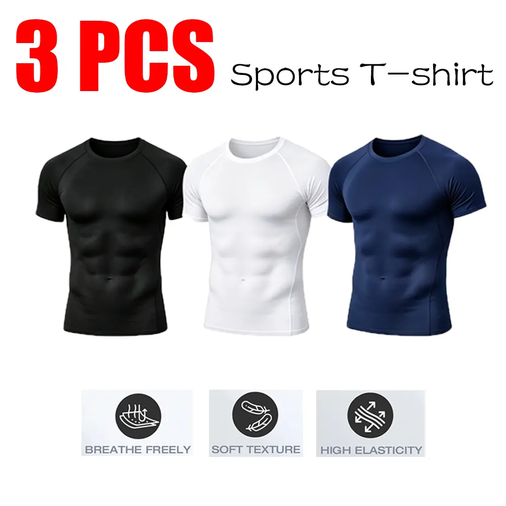 3 Pack Men's Short-Sleeve Compression Sports Tops—highly elastic, breathable, and quick-drying athletic base layers that provide a body-shaping fit, ideal for outdoor sports, the gym, running, and other athletic activities