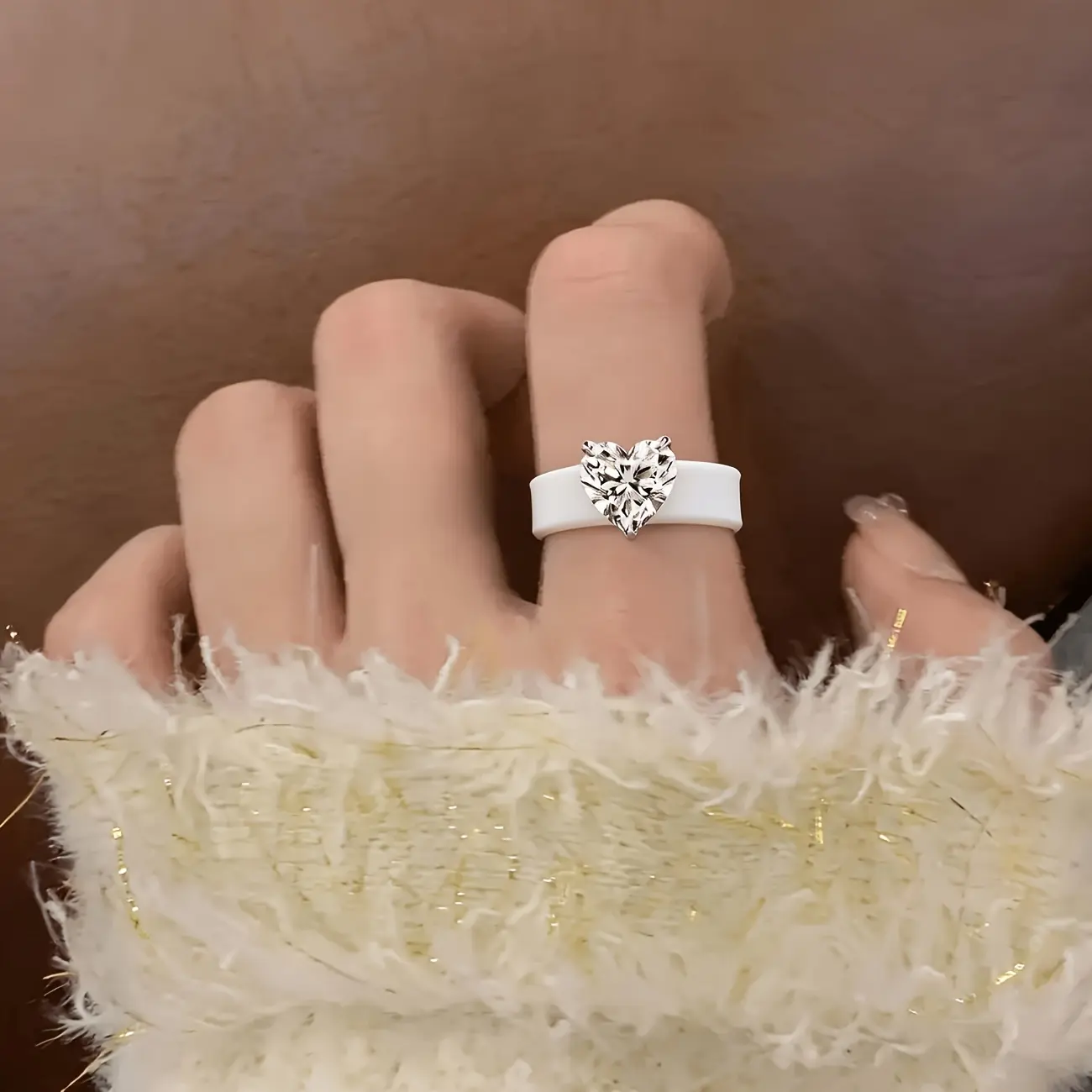 White Silicone Ring for Women 3-Prong Setting Heart CZ Hypoallergenic Soft Sports Wedding Promise Statement Ring