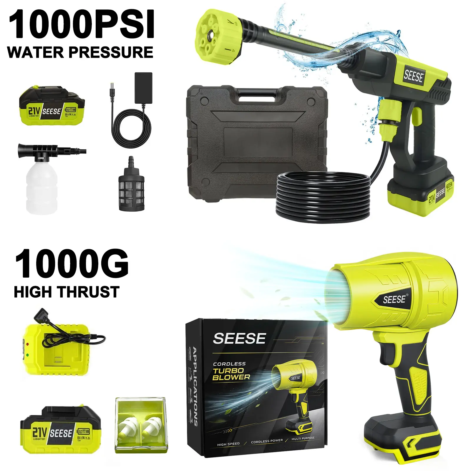[DealsForYouDays]SEESE 21V Cordless Car Cleaning Kit with 1000 PSI Pressure Washer & 1000G Turbo Leaf Blower |     Portable Power Washer and Air Duster for Car Washing, Drying, Patio & Garden |     Fathers Day Gift summervibes ☀️