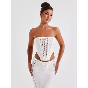 Crochet Knit 2 Piece Set for Women, Strapless Corset Top and Maxi Skirt for Summer Vacation Daily Wear