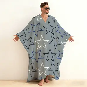 Men's V-Neck Kaftan Robe - Fleece-Lined Plush Long Hooded Bathrobe with Pockets, Soft Loungewear for Home, SPA, Holiday, Gift for Him, Machine Washable, Grey, Large