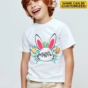 CubeBik Personalized Easter Bunny Name T-Shirt Sweatshirt - Custom Boy or Girl Easter Shirt, East Gift for Children, Kids Easter Tee