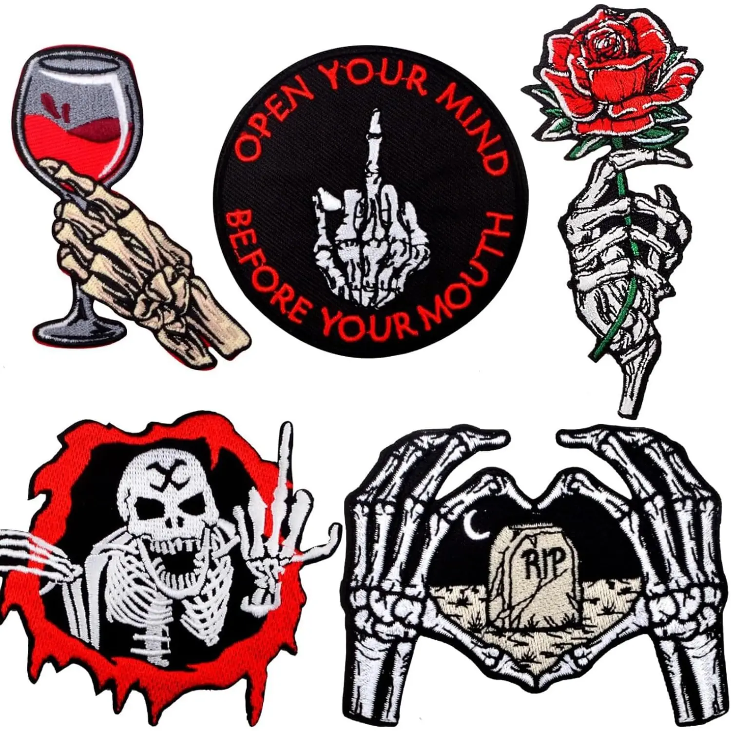 Goth Embroidered Iron-On Patches for Clothes, 5 PCS Punk Patches Horror Skeleton Hand Finger Bone Rose Sew on Embroidered Iron for Clothing Backpacks Hats Crafts