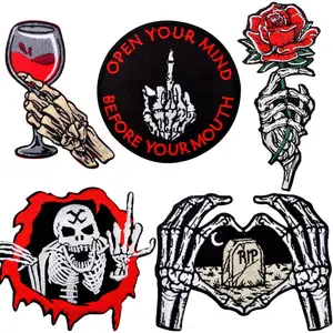 Goth Embroidered Iron-On Patches for Clothes, 5 PCS Punk Patches Horror Skeleton Hand Finger Bone Rose Sew on Embroidered Iron for Clothing Backpacks Hats Crafts