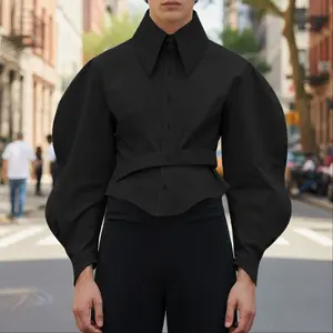 INCERUN Men's Gigot Sleeve Shirt Dramatic Puff Sleeve Button Down Blouse High Collar Top for Prom Gothic Party
