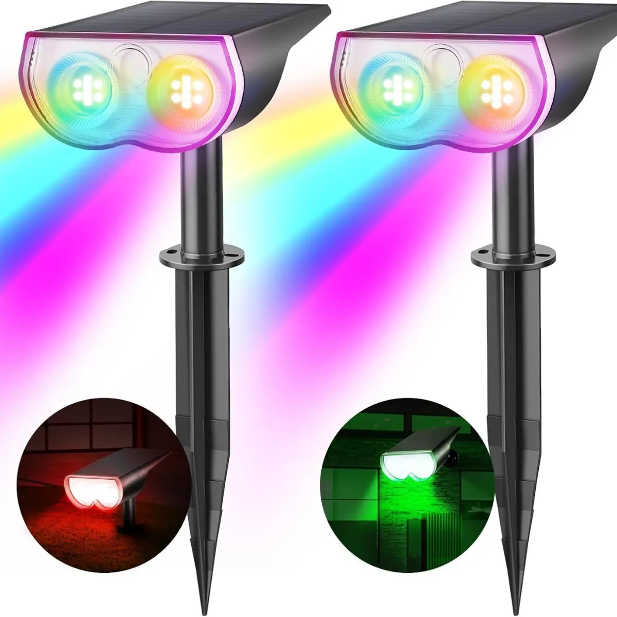 Consciot 2-Pack RGB Solar Spot Lights Outdoor, 22 LEDs IP67 Waterproof Color Changing 8-Color 2-in-1 Adjustable Wall Lights for Garden, Yd Pathway & Halloween Decorations