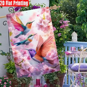 Welcome Spring Hummingbird & Floral Design Flag, Double-Sided Garden Yard Decoration, Outdoor Lawn Ornament, Single Piece