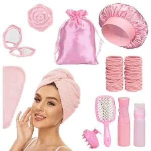 Women's Curling & Blow-Dry Set, Satin Bonnet, Microfiber Towel, Scalp Massager, Cushion Comb, Spray Bottle, Hair Bands, Mirror, Storage Bag