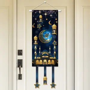 Ramadan Decorations Blue Gold Ramadan Mubarak Hanging Banner with Moon Lantern Signs Ramadan Door Cover Eid Mubarak Banner Supplies Party Decorations Banners for Muslim Party Kareem Ramadan Wreaths for Front Door Outdoor