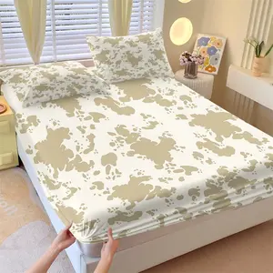 Neutral Western Cowhide Fitted Sheet Set, 1 Fitted Sheet + 2 Pillowcases, Beige Cow Print Bedding, Soft, Comfortable & Breathable Microfiber, All Season Decor, Deep Pocket, Non-Slip, Farmhouse Boho Style
