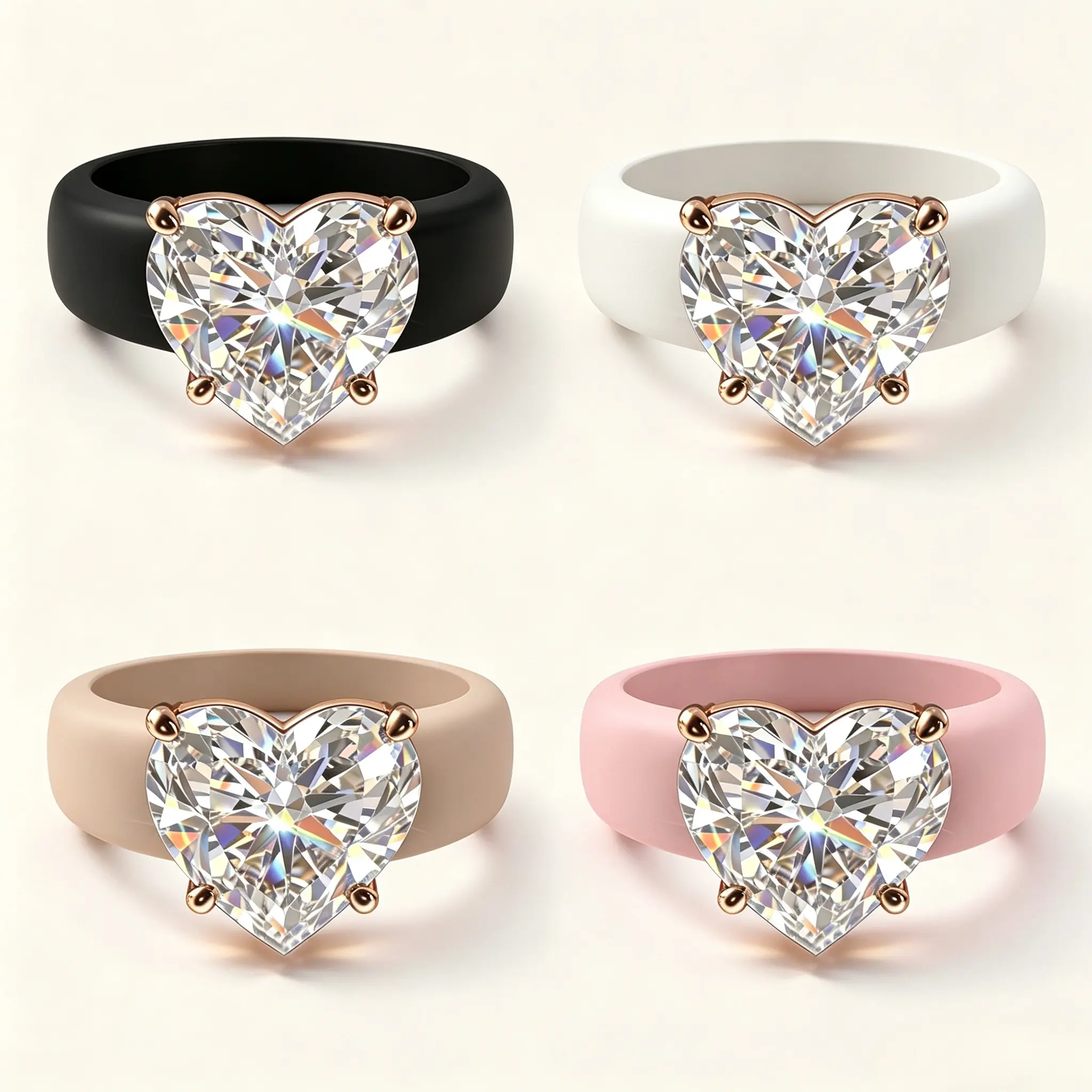 Heart Cut Cubic Zirconia Silicone Ring for Women, Rose Gold 4‑Prong Comfort Fit Band, Hypoallergenic Daily Wear Engagement Wedding Promise Jewelry Gift