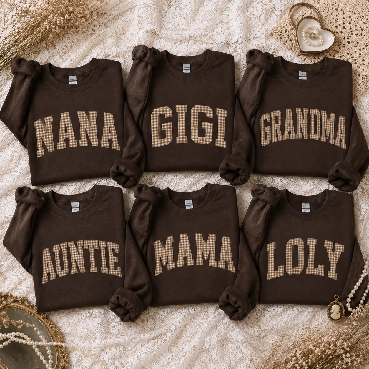 Personalized Mama Nana Gigi Grandma Auntie Lolly Sweatshirt, Custom Family Name Crewneck, Vintage Gingham Patch Letter Sweatshirt, Matching Grandma Mom Gift, Mother's Day Family Pullover, Custom Women's Sweatshirt - JACKSON HOAI STORE