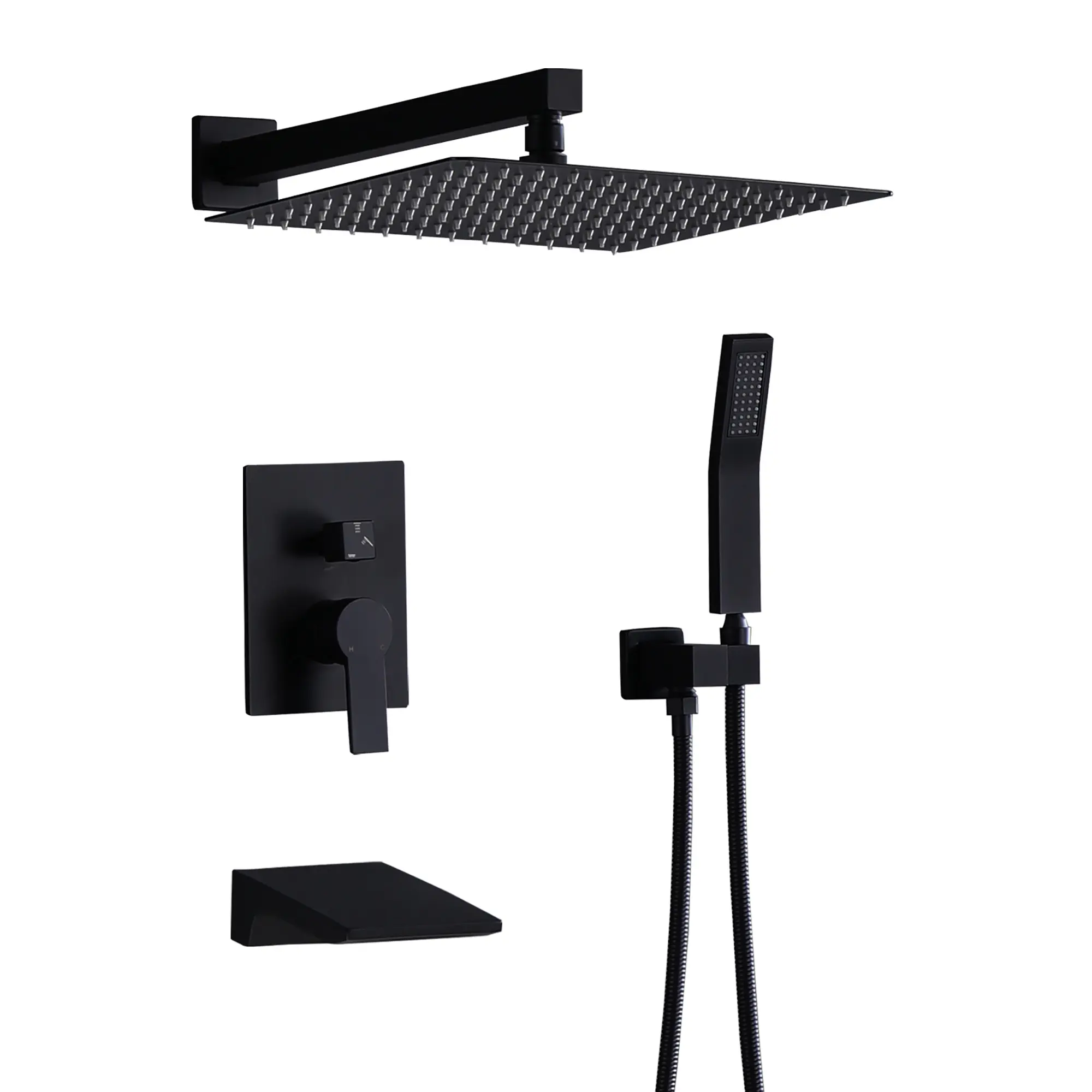 Matte Black Shower System - 12" Rain Shower Head, Handheld & Tub Spout, Wall Mount w/Valve Kit