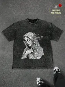 Unisex Y2K Gothic Virgin Mary Rhinestone Print Vintage Wash Cotton T-Shirt, Streetwear for All Seasons, Religious Faith, Trendy