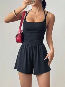 Ruched One-Piece Shorts, Square Neck Sleeveless Top, High-Waisted Casual Style, Women's Fashion Item, Summer Daily/beach Wear, Minimalist Trendy Look, Womenswear