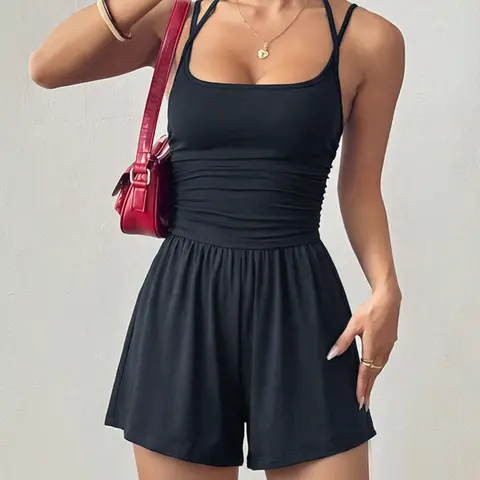 Women's High-Waisted Casual Ruched Jumpsuit, Plain Surface, All Seasons, Unlined, Batch Number D-20260502, Fashionable Daily/resort Wear, Solid Jumpsuits