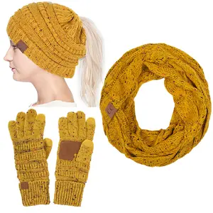C.C 3pc SET Ponytail Messy Soft Warm Soft Knit Beanie Gloves Scarf