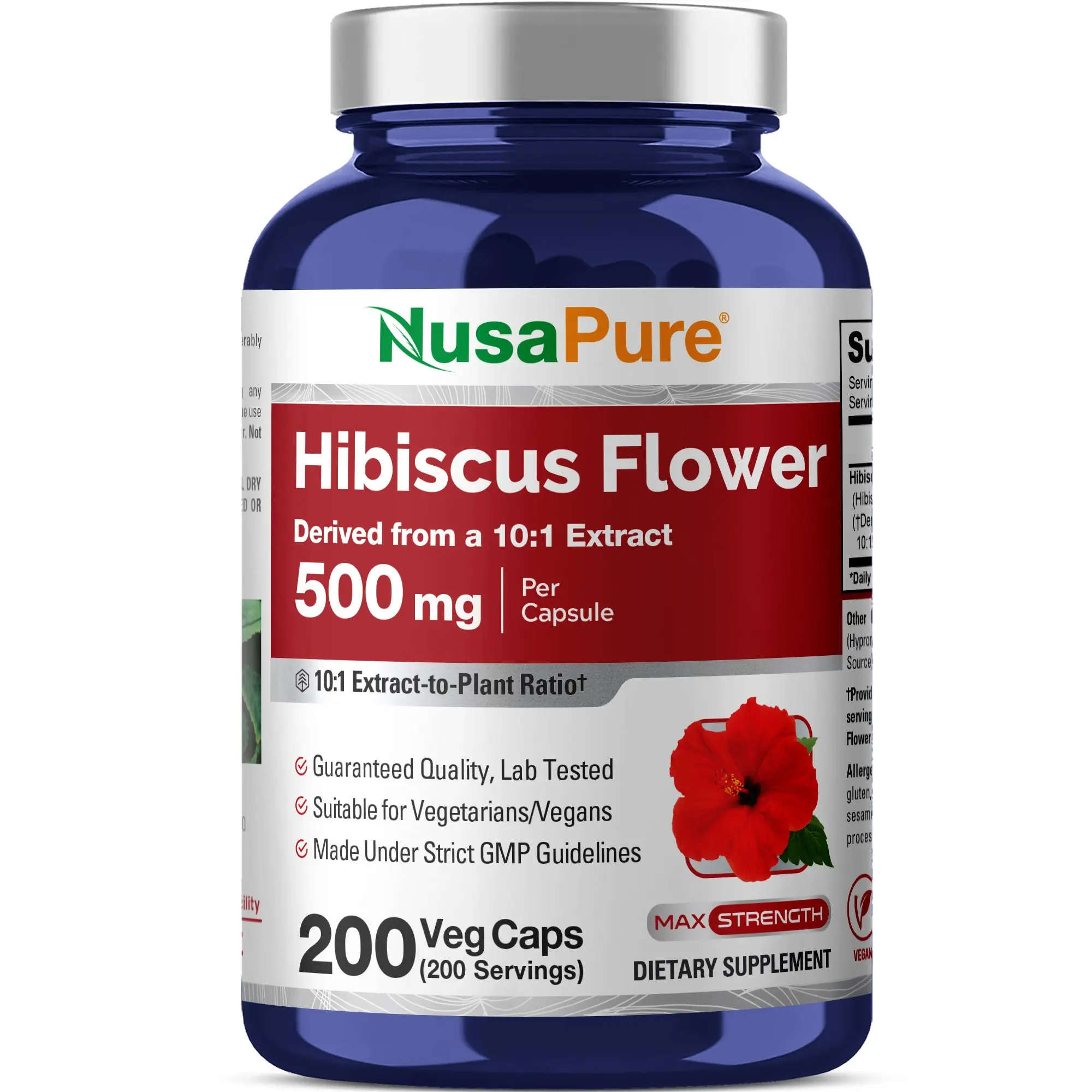 NusaPure Hibiscus Flower 10:1 Extract Dietary Natural Supplement, 500 mg 200 Vegetarian Capsules - Non-GMO, Vegan, Antioxidants Vitamins, Capsules Vitamins