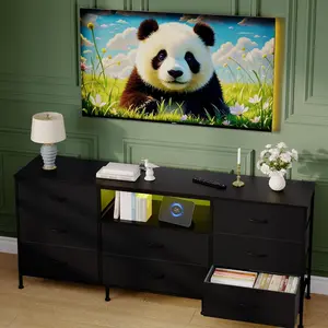 TV Stand Dresser for 45-65 Inch TV, Entertainment Center with LED Lights, 8 Fabric Drawers, Metal Frame Storage Cabinet with Wood Top for Living Room Bedroom Hallway,Black