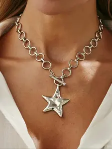 Boho Geometric Star Circle Pendant Necklace, Elegant Bohemian Jewelry for Women, Fashion Daily Wear Party Necklace