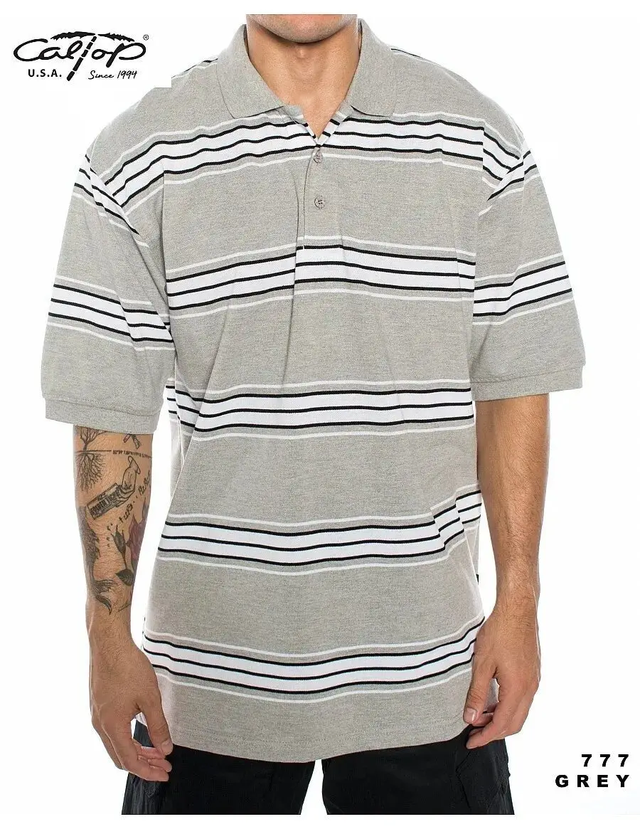 Caltop Sportswear Striped Polo Shirt - Short Sleeve Button Up Knit, Casual Breathable, Available in Various Colors - Day