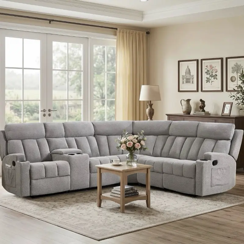 Manual Recliner Sofa Set,Fabric L Shaped Reclining Sectional Corner Couch
