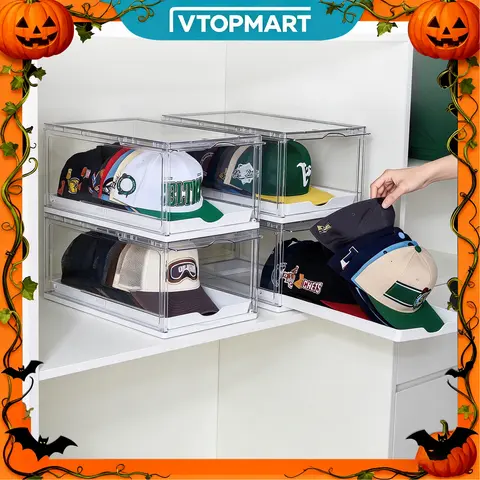 [Official] Vtopmart Hat Organizer for Baseball Caps,clothing with Clear Holder Box, Large Cap Storage with Sliding Tray, Stackable Rack Display Case & Magnetic Door Drawer Transparent,TikTokShopBackToSchool,DormRoomHacks,dorm essentials,HomeEssentials