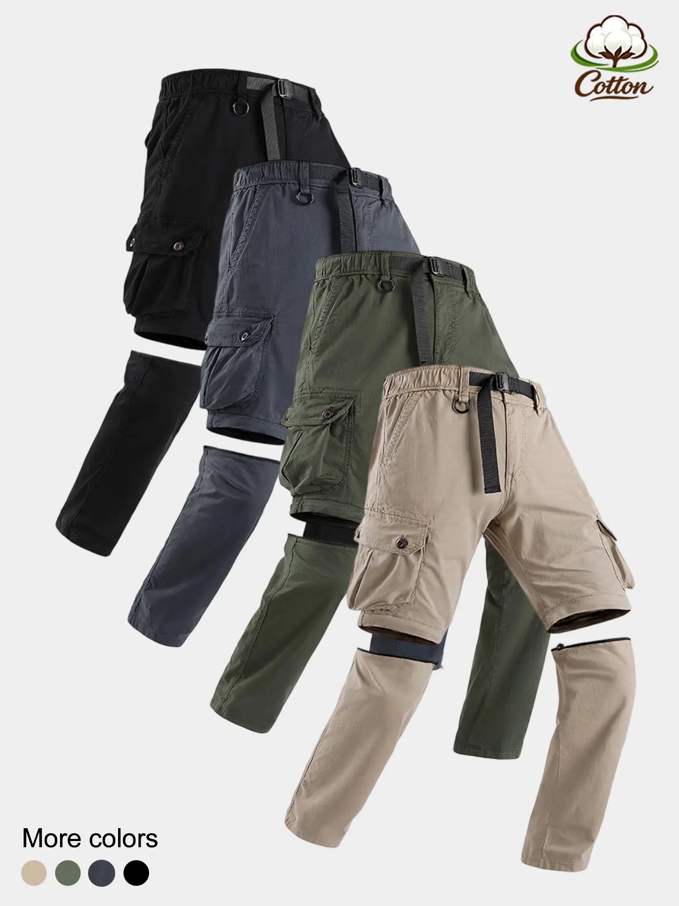 Workwear Belted Zip Off Convertible Cargo Trousers, 97% Cotton Multi Snap Flap Pockets Detachable Leg Design, Four Color Travel Outdoor Utility Pants