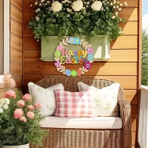 Easter Bunny & Egg Spring Door Wreath, Flat Print, Thickness 0.5cm, with Jute Rope, Easter Party Decor, Outdoor Garden Decoration
