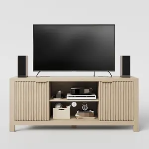 65" TV Stand Low Profile - Mid-Century Modern Entertainment Center with Storage Cabinets & Open Shelves, Solid Wood Console for Living Room, 9" Height Fits Soundbars