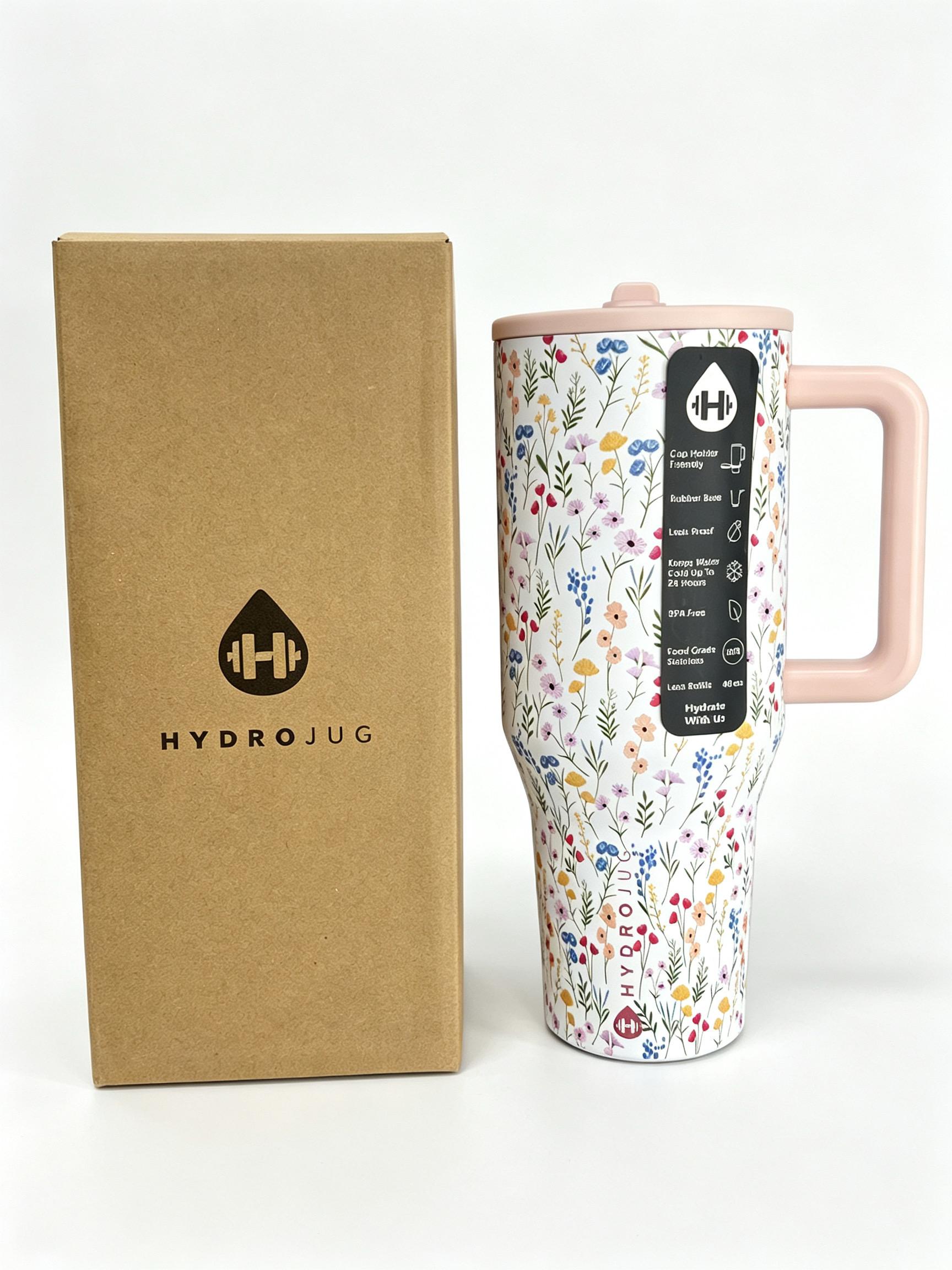 HydroJug 40oz water tumbler Stainless Steel Insulated Straw Cup,Reusable Sports Water Bottle,Stylish Water Cup,Tiny Floral Pattern