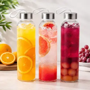 3 Packs Glass Water Bottles with Lid Clear Juice Bottles Reusable Bottle with Stainless Steel Cap Glass Cups Liquid Storage Containers for Juicing Beverage Refrigerator Travel-17oz