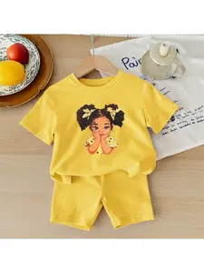 Adorable Cartoon Girl Top & Shorts Set, Cute Casual Simple for Outdoor Play, Daily/holiday/party Wear for Toddler Girls