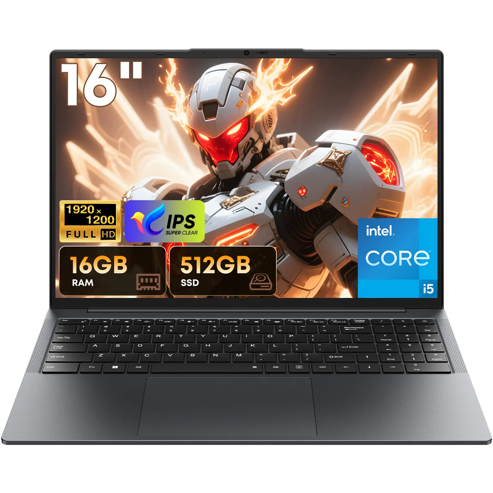 TPV Portable Laptop - 16" 16:10 FHD 1920x1200 IPS Display, Core i5 Processor (Up to 3.6 GHz), 16GB RAM, 512GB SSD, Windows 11 Pro, Office Suite, 2.4G&5G WiFi, Bluetooth 5.0, RJ45, HDMI, USB3.0, Backlit Keyboard, Integrated Camera, 7W Tdp
