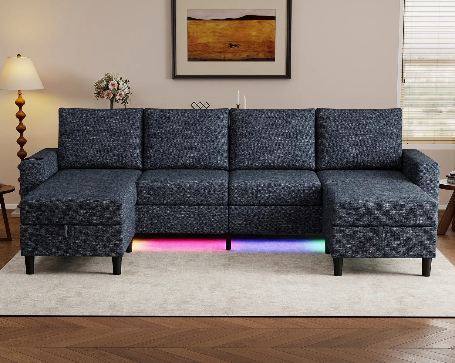 【2-3packages】109-inch U-shaped 3-in-1 comfortable linen 6-seater modular sectional sofa with movable storage, supported by high-density foam and pocket coil springs, chaise lounge design ideal for living room family & friend gatherings