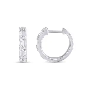 Round Baguette 10K White Gold & Diamond Hoop Earring