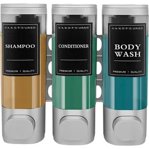 3-Chamber Wall Mount Shower Dispenser No-Drill Adhesive or Drill Mount Refillable Shampoo Conditioner & Body Wash Dispenser for Home RV & Hotel Eco-Friendly Compact (Silver)