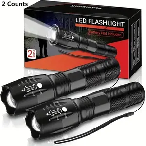 LED Flashlight, 2 Counts Waterproof Zoomable Flashlight, 5 Modes Adjustable Tactical Flashlight, Outdoor Camping Emergency Lighting