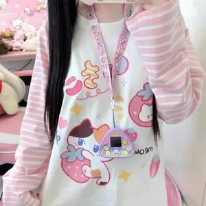 2000s Y2K Kawaii Graphic Tee Pink Striped Cartoon Print Long Sleeve Japanese Top Women’s Teen Girl Cute Clothes