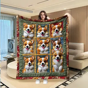 Corgi Dog Patchwork Blanket, Creative Digital Print Flannel Throw, Thanksgiving Valentine Christmas Gift, Holiday Decorative Blanket